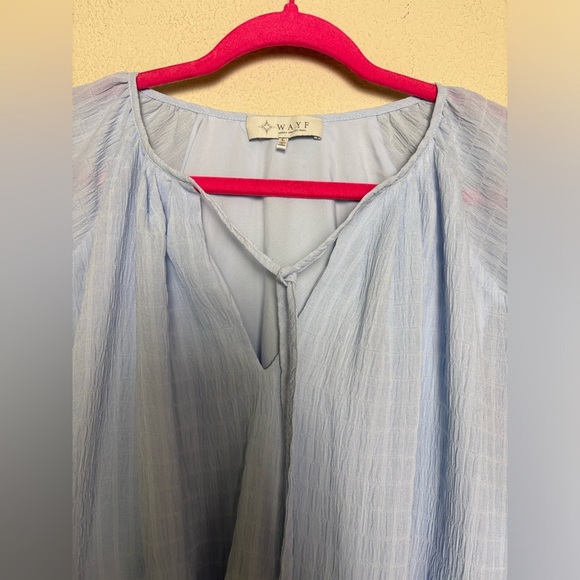 Wayf Pastel Blue Crepe Textured Long Blouson Sleeve Bubble Hem Cropped Blouse L - Picture 4 of 10